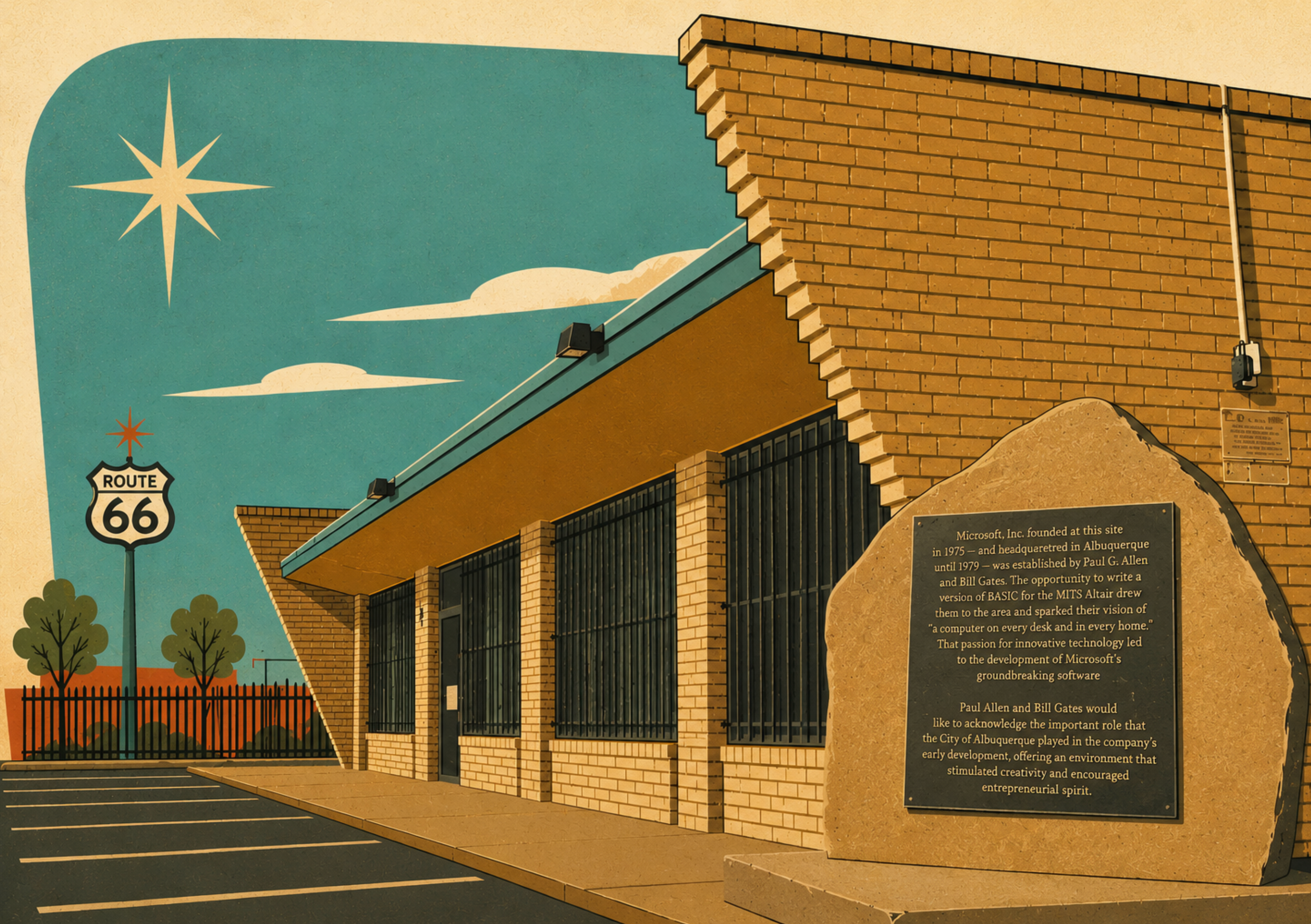 A cartoon rendering of the Cal Linn Building with a monument sign.